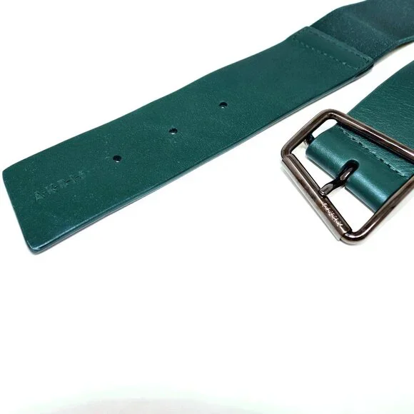 Akris Size 85 Green Leather and Elastic Belt with Trapezoid Buckle Sporty-Belt - Picture 2 of 15